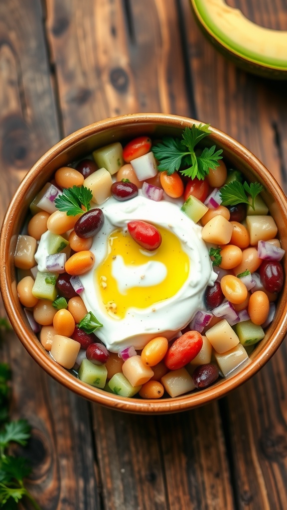 A colorful salad of yogurt and beans with cucumbers and parsley, served in a rustic bowl on a wooden table.